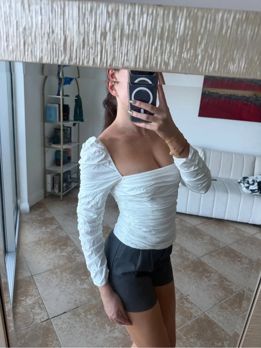 Reformation White Ruched Square-Neck Blouse